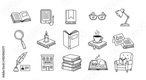 Hand drawn book and reading icons set