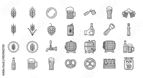 Collection of beer, brewing, and pub related line icons