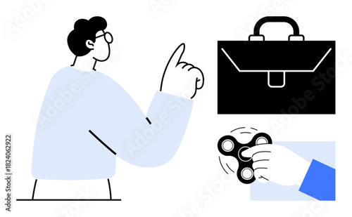 Person gesturing thoughtfully, business briefcase, hand holding fidget spinner. Ideal for work-life balance, productivity, relaxation techniques, career management, focus, decision-making simple