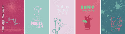 5 moderne und niedliche Silvester Grußkarten (Din Format) "Frohes neues Jahr" und "Happy New Year". Schöne Typo, Font & Symbol komplett als Pfade
