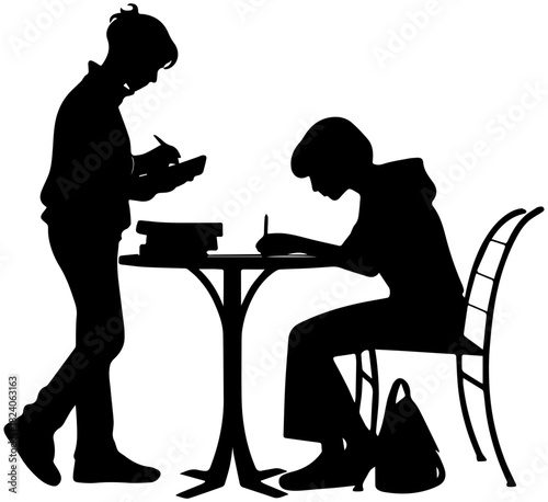 Stressed Student Sitting at Desk Silhouette – Vector Illustration