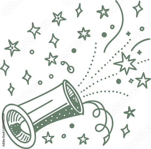 Party popper exploding with stars and confetti on white background