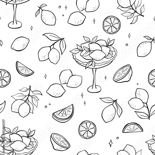 Seamless pattern with lemons in vase, hand drawn repeating background. Line art allover print on white background