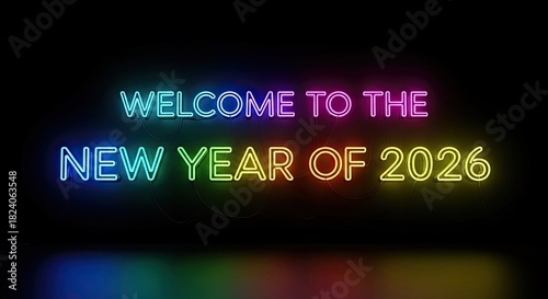 Neon text welcoming the new year 2026 against black background