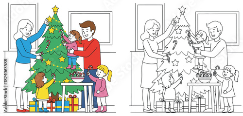 Christmas coloring page of happy family decorating tree with candy canes and stars, vector illustration with colored and outline versions for holiday activity