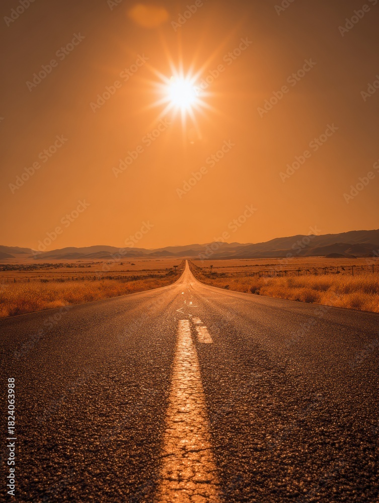 Naklejka premium Majestic Sunset View Over an Endless Road Stretching Through Vast Wilderness
