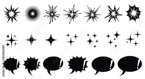 Starbursts, sparkles, speech bubbles set, white