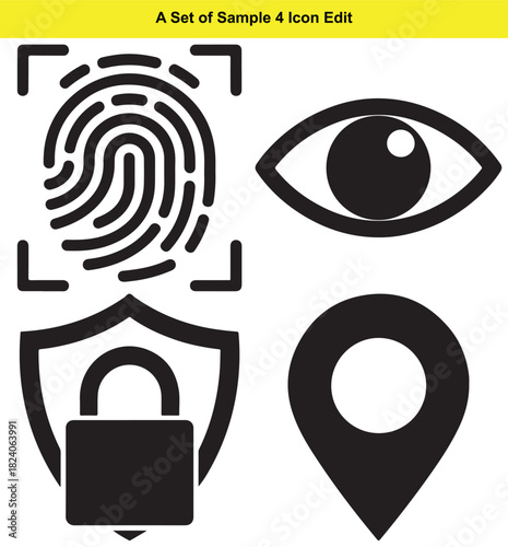 Set of four black security and location icons on white fingerprint lock