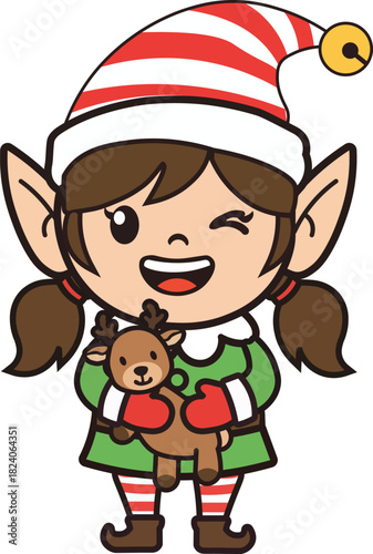 Christmas elf emotions: cute girl Christmas elf winking with reindeer toy