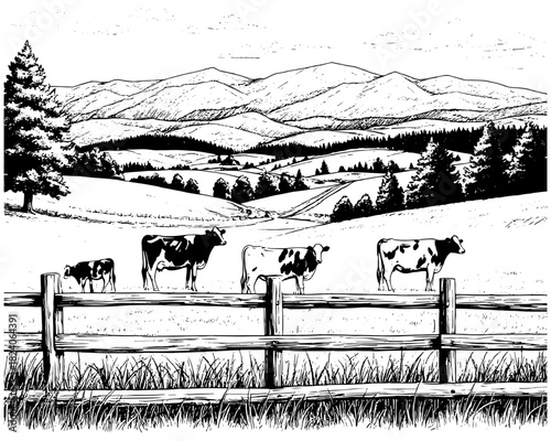 Spacious pastures on hills. There are mountains and forests on the horizon. Cows graze in field, grass and bushes in the foreground. Vector illustration. Sketch is linear drawing on white background76