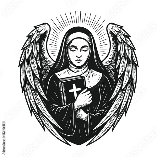 Detailed black and white vector illustration of a sacred nun with angelic wings in a holy, engraving-inspired style, suitable for spiritual themes, symbolic art, tattoos, and dramatic design use.