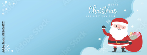 Cute Santa Claus and gift bag concepts Merry Christmas and Happy new year. Cartoon character for Christmas card, banner, background and decoration element vector flat illustration with copy space.