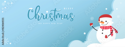 Cute Snowman and snow winter concepts Merry Christmas and Happy new year. Cartoon character for Christmas card, banner, background and decoration element vector flat illustration with copy space.