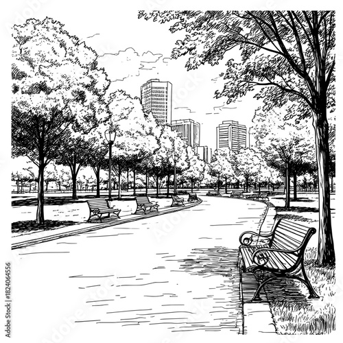 A city square with paths between lawns and trees. Wooden benches and park lights. Vector illustration. City silhouette behind the treetops.97