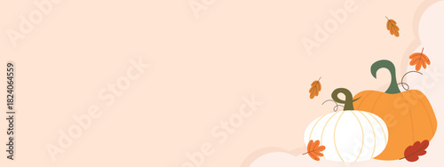 Thanksgiving autumn and fall background with copy space. Pumpkin and leaf for harvest festival. November banner for greeting card, online website, E- business advertisement vector illustration.