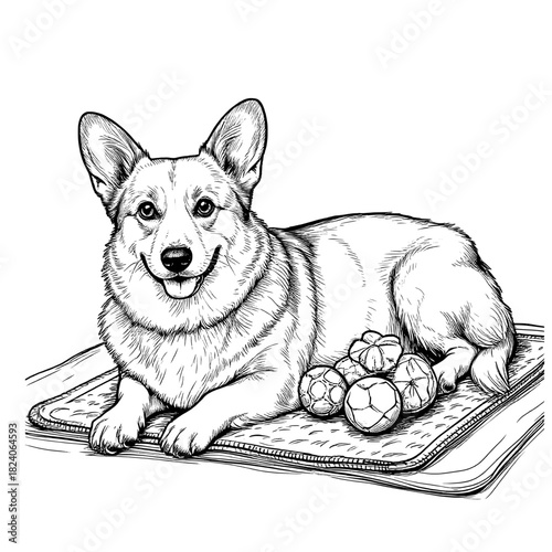 Corgi dog sits on a mat, black and white sketch. Funny dog isolated on a white background.Cute puppy57
