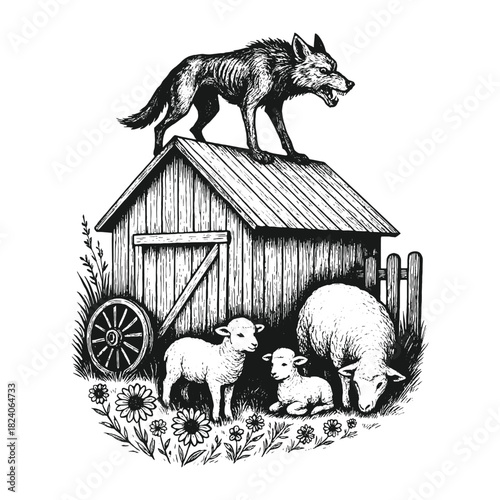 Detailed black and white vector illustration of a wolf watching over a barn with sheep and farm animals, created in an engraving style for storytelling and thematic design use.