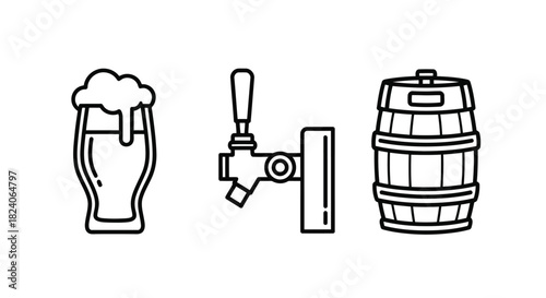 Beer glass, tap, and barrel line art icons set
