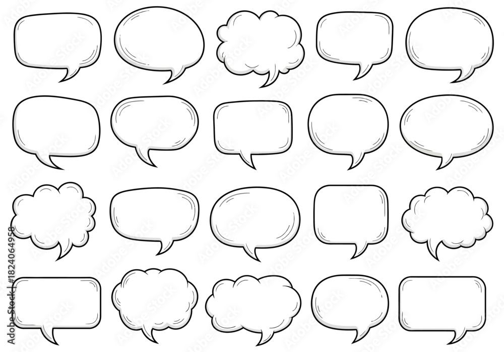 Fototapeta premium Collection of HandDrawn Speech Bubbles with Black Outlines and White Fill.