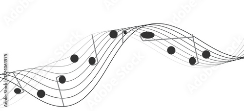 Abstract Music Wave With Notes and Curved Staff Lines Across a White Canvas.