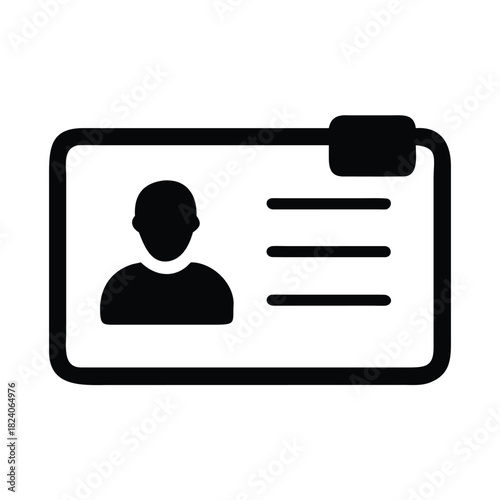 A black and white icon of an identification card with a silhouette of a person and lines for text.