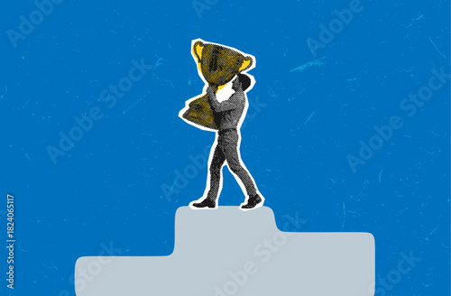 Business winner standing on podium holding a giant trophy for success and achievement recognition