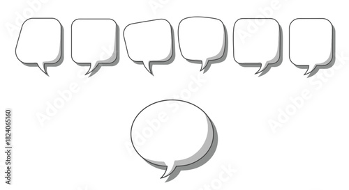 Collection of White Speech Bubbles with Dark Outlines and Shadows.