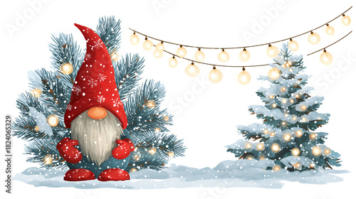 Cute gnome standing in a snowy landscape by a decorated tree with glowing lights