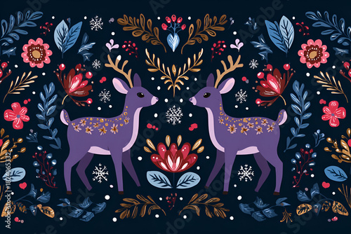 Colorful deer and floral pattern in winter theme with snowflakes and decorative elements