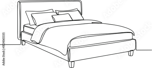 Isolated a Double bed in continuous one line drawing. Scandinavian stylish furniture for cozy loft bedroom in simple linear style. Editable stroke. Doodle vector art with white background..