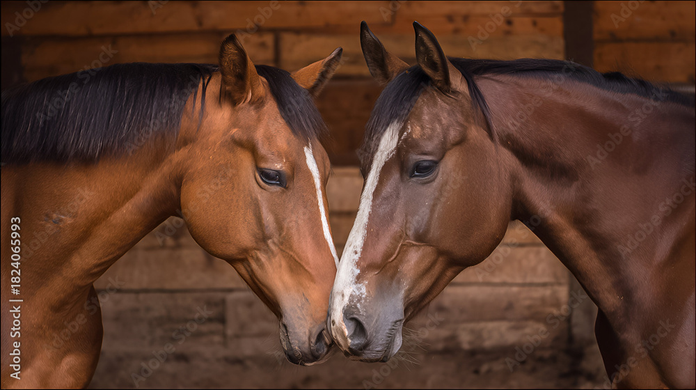 Obraz premium Two horses bonding closely in a warm stable, highlighting their friendship and connection in a rustic setting
