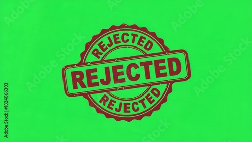 Red rejected stamp icon with grunge texture on a bright green screen background, perfect for chroma key video editing and overlay effects in motion graphics