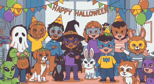 Halloween Costume Party with Children and Pets in Colorful Costumes.