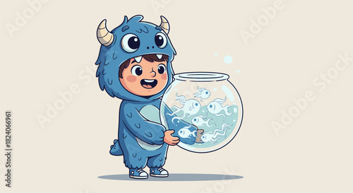 Child in Monster Costume Holding Fishbowl with Fish.