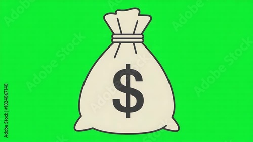 Cartoon illustration of a money bag with a dollar sign symbol on a bright green screen background, perfect for finance or savings related content