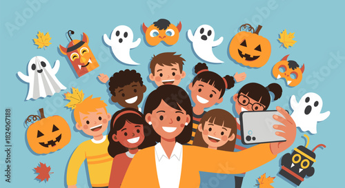 Group of Children and Teacher Taking Halloween Selfie.