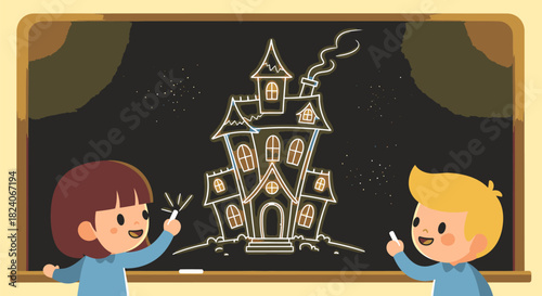 Children Drawing a Haunted House on a Chalkboard Illustration.