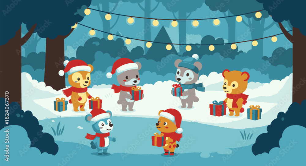 Naklejka premium Festive Bears Exchanging Gifts in a Winter Wonderland.