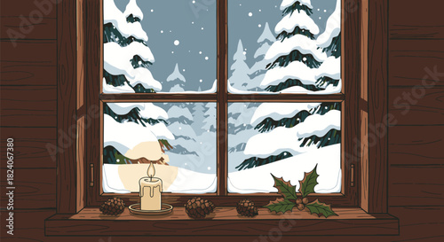Winter Window Scene with Candle and Snowy Trees.