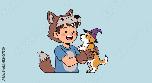 Boy in Wolf Costume Holding Dog in Witch Hat.
