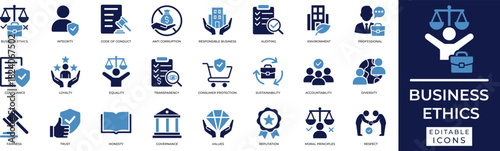business ethics icon set featuring integrity, loyalty, honesty, integrity, diversity, sustainability, equality, compliance, trust, fairness, responsibility, and moral principles for business design.