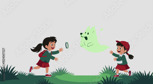 Two Girls Playing with a Ghostly Dog in a Field.