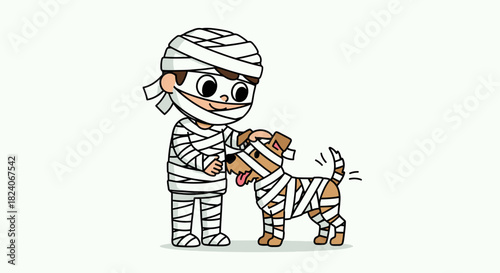 Child and Dog Dressed as Mummies for Halloween.