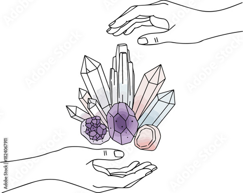 Isolated a Magic hands with healing crystals in trendy linear minimal style. Logo and icons design template for cosmetics or beauty products and packaging branding name. vector art .