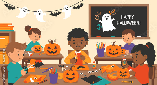 Children Celebrating Halloween in Classroom with Carved Pumpkins.