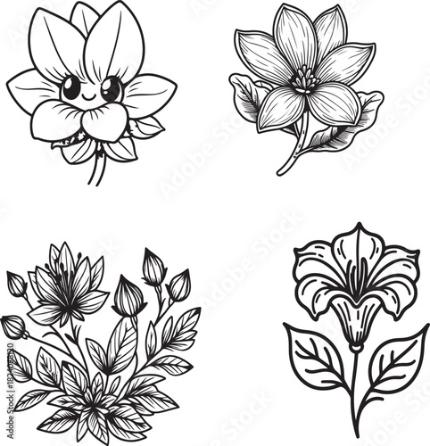 Black and white floral illustrations with cartoon face, realistic bloom, bouquet, and trumpet-shaped flower