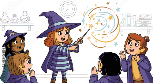 Young Witch Performing Magic with Friends in a Classroom Setting.