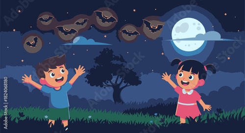 Children Enjoying a Spooky Night with Bats and a Full Moon.