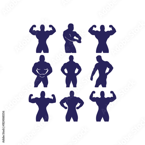 Collection of muscular bodybuilder silhouettes in various poses