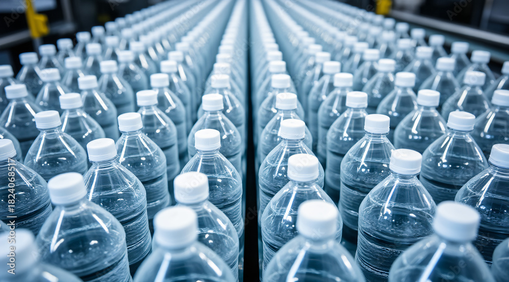 Fototapeta premium Bottled Water Production Line in a Modern Factory Creating Clean Refreshing Water